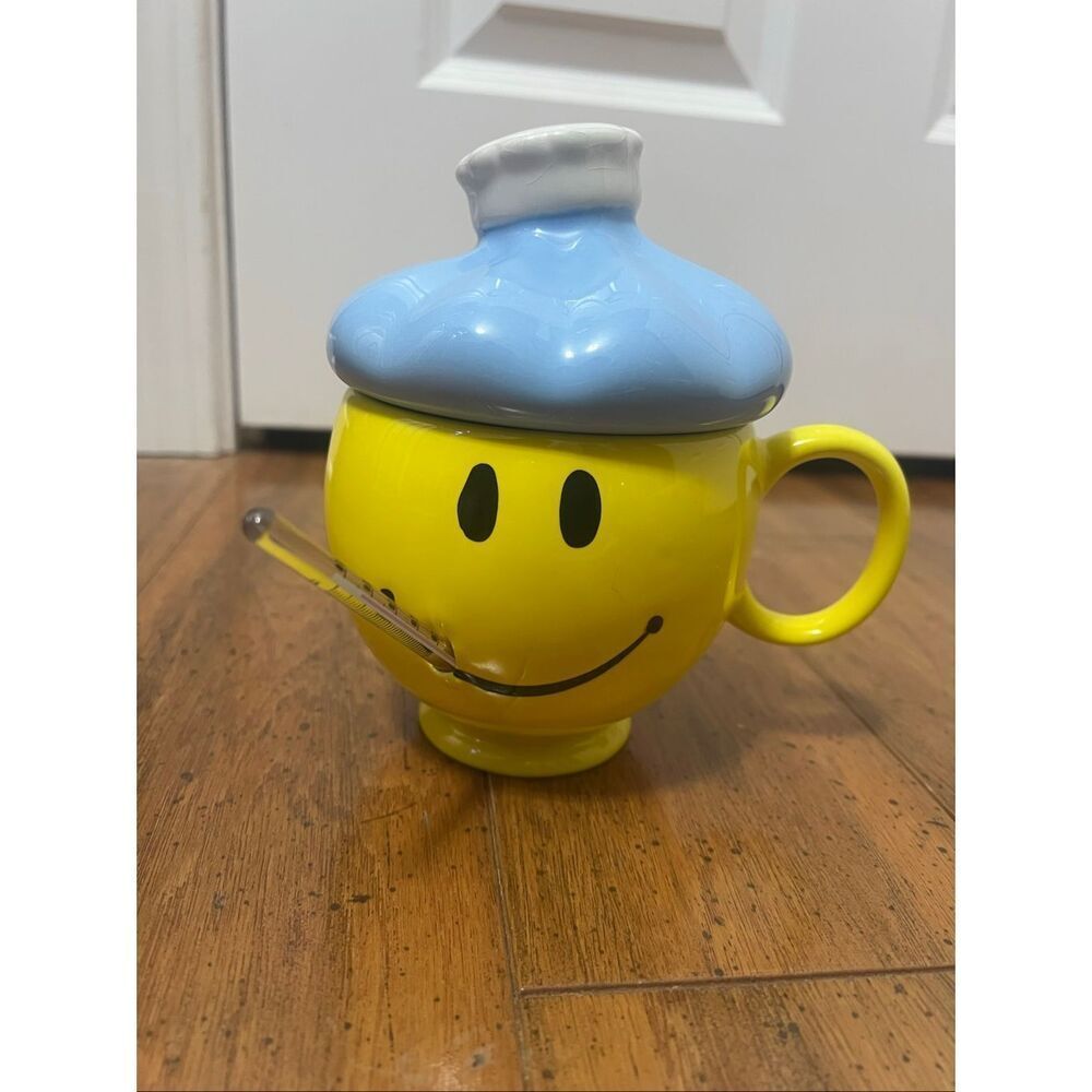 Teleflora HTF Yellow Smiley Face Mug w/ Lid Get Well Soon Thermometer & Lid